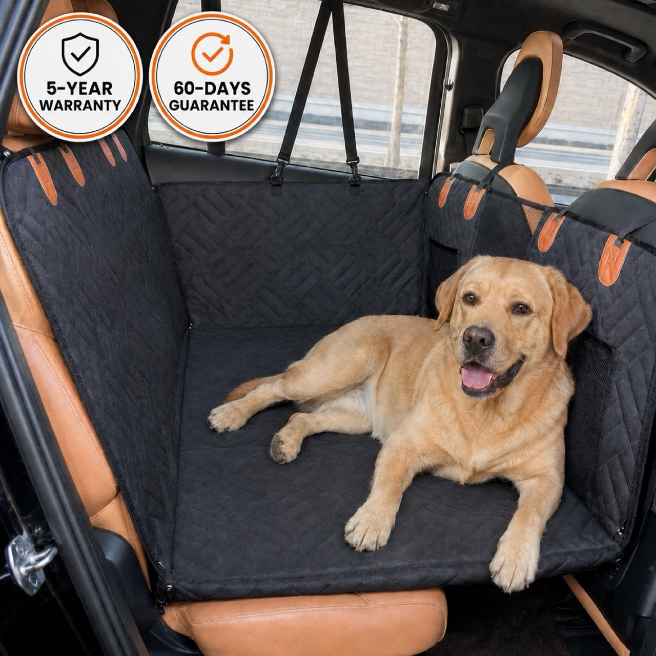 A Labrador lying stretched out on the fitted platform in a back seat, with two badges: five-year warranty and sixty-day guarantee.